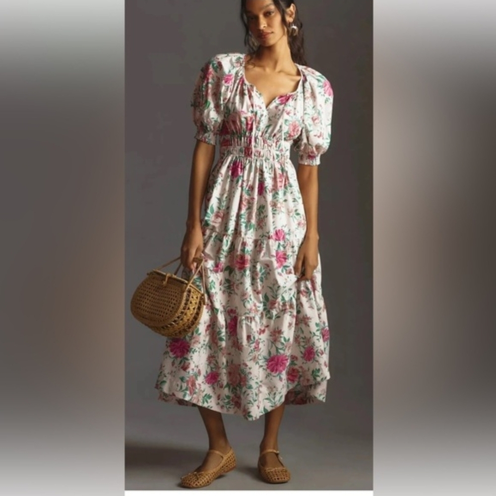 Anthropologie Somerset White Floral Smocked Waist Maxi Dress with Pink Blooms